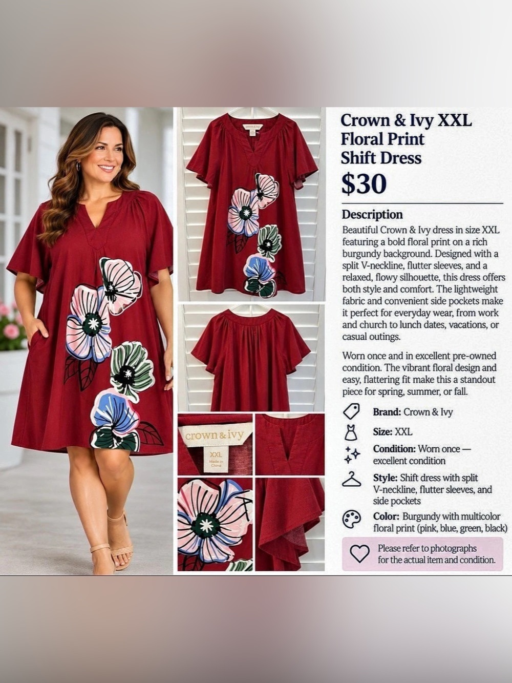 Crown & Ivy Floral Print Shift Dress Floral Mini Dress Size XXL Like New